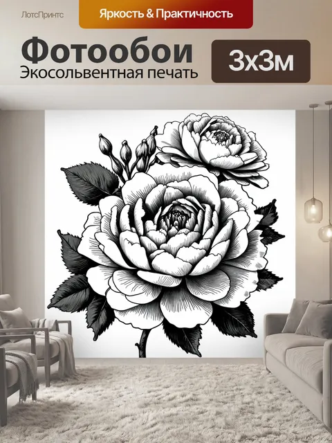 Фотообои пионы в стиле скетч, в черно-белой гамме, использующие мощные контрасты для создания драматического эффекта…