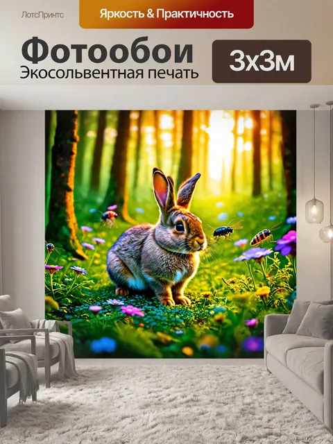 Фотообои кролик в волшебном лесу, окружённый яркими цветами и светящимися насекомыми, в лучах заходящего солнца