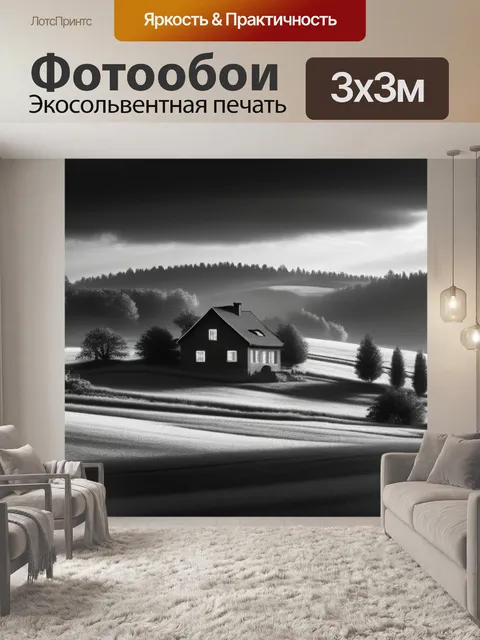 Фотообои сельский пейзаж с домами чернобелый