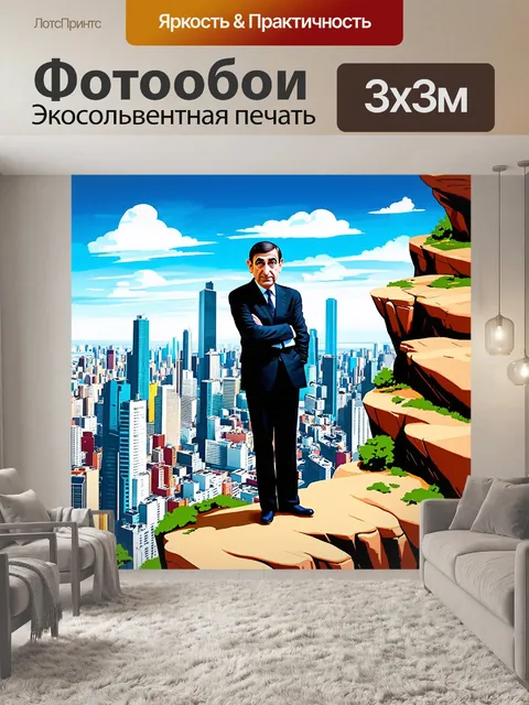 Фотообои современное уличное искусство, где мистер бин стоит на краю обрыва с видом на современный город