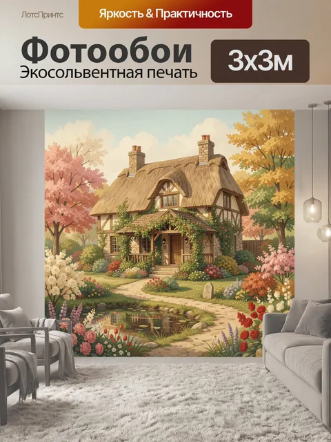Фотообои Уютный домик в цветущем саду