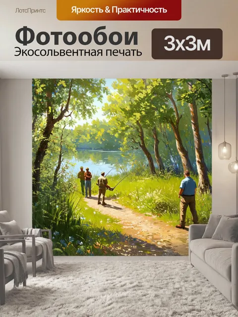Фотообои лесная тропа, ведющая к уединённому пруду с рыбаками, наслаждающимися своим хобби
