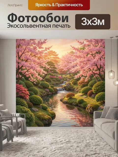 Фотообои Розовые сакуры над спокойной рекой