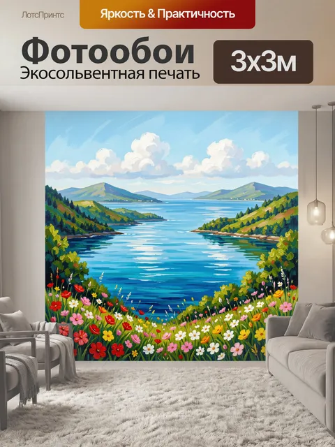 Фотообои Горное озеро с цветущим лугом
