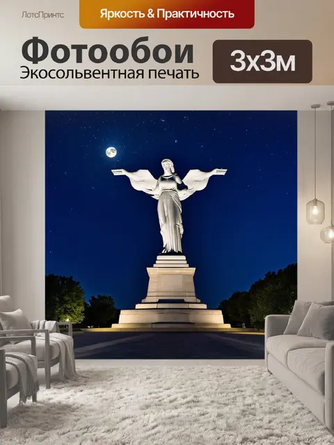Фотообои ночной вид на «родина-мать», прорезающую темноту освещенный луной, с яркими звездами на фоне тихого неба