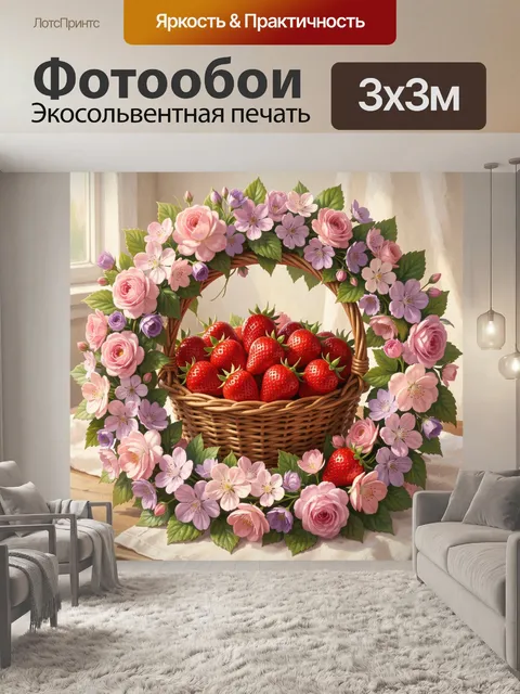Фотообои Цветочная корзина со спелой клубникой