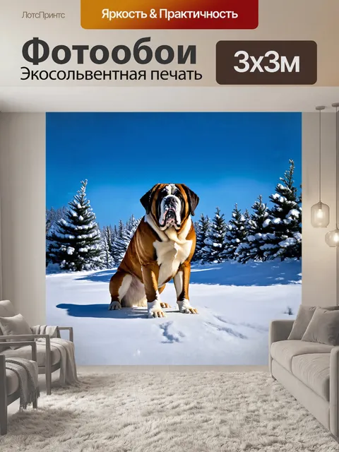 Фотообои на фоне зимнего пейзажа сен-бернар, покрытый снегом, уверенно стоит на фоне заснеженных сосен