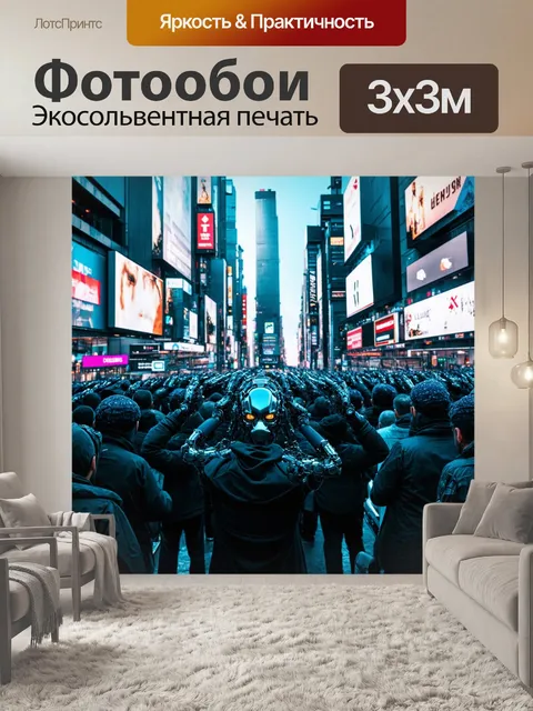 Фотообои город в стиле киберпанк, плотный поток людей с кибернетическими имплантами в руках