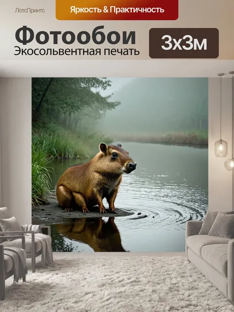 Фотообои капибара, сидящая на берегу речки, окруженная спокойствием леса в раннем утре, когда туман еще не рассеялся