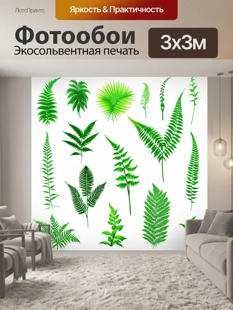 Фотообои зеленые в стиле флэт, контурные рисунки растений, папоротники и травы