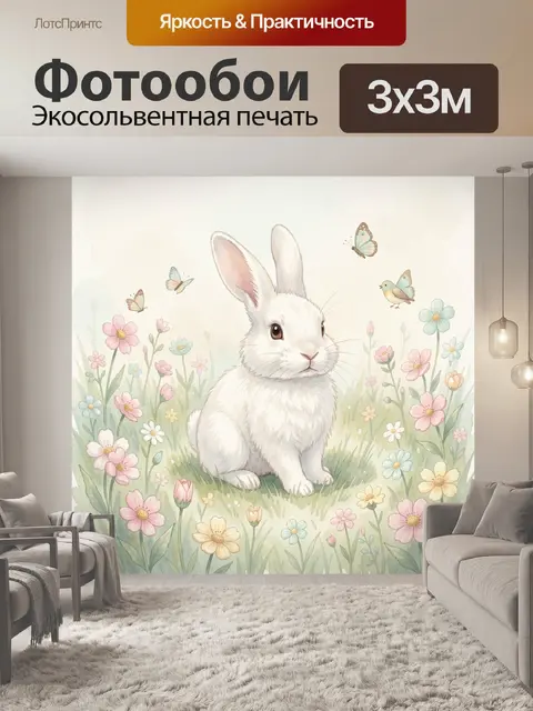 Фотообои Белый кролик в цветущем лугу