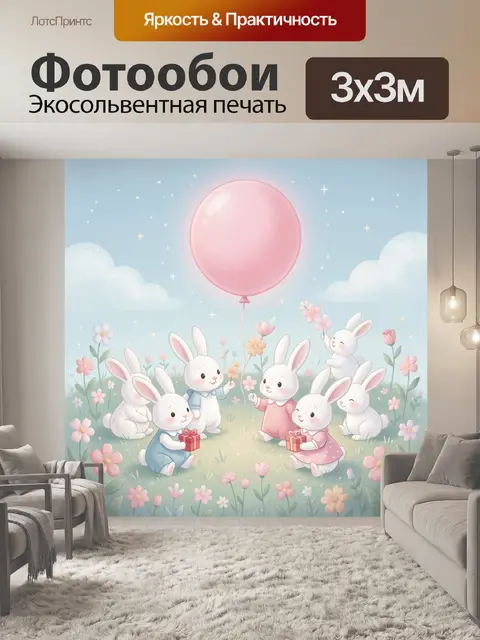 Фотообои Зайчата с большим воздушным шаром