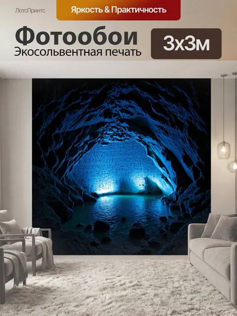 Фотообои в пещере, где царит полумрак, таинственно светится каменная плита с вырезанными иероглифами
