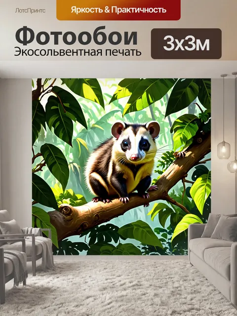 Фотообои в густом тропическом лесу опоссум сидит на ветке дерева