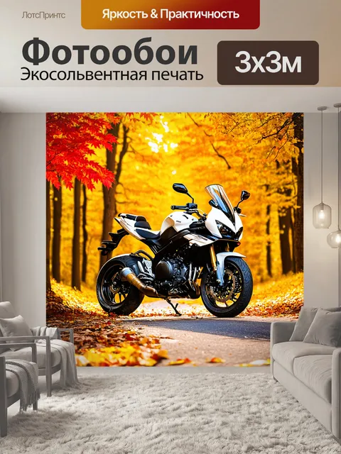 Фотообои мотоцикл на фоне осенних лесов, устиленных желтыми и красными листьями