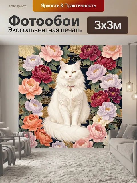 Фотообои Белый кот среди пионов