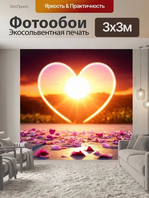 Фотообои сердечко, изображенное на фоне восходящего солнца, с лепестками цветов, падающими на землю