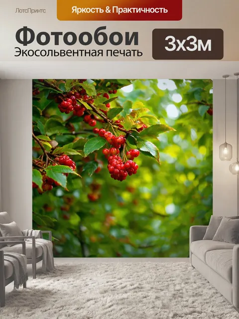 Фотообои яркие ягоды на фоне зелени, замедленная съемка
