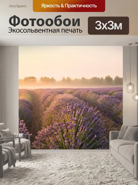 Фотообои рассветное поле лаванды, окутанное легким туманом, создающим волшебное настроение