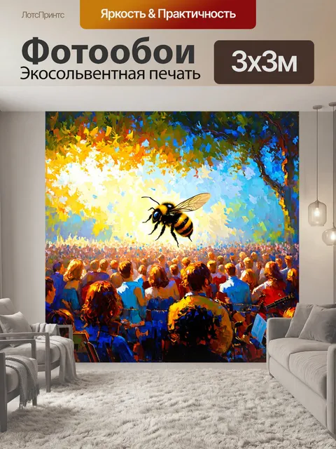 Фотообои сцена, где шмель ошибается и попадает в открытый концерт на улице, окруженный музыкальными инструментами и…