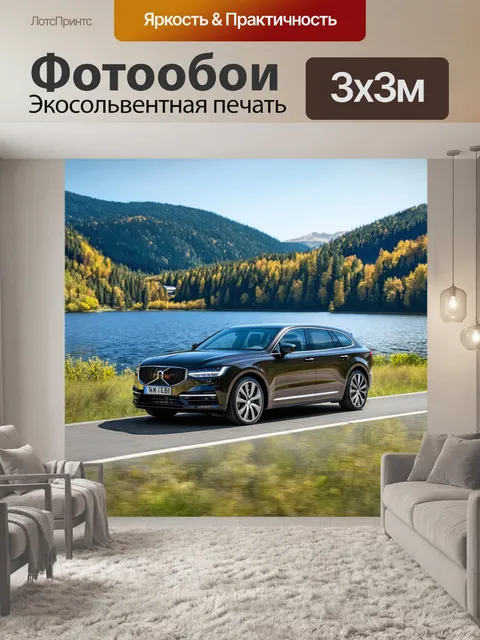 Фотообои машина на фоне живописного ландшафта с озером