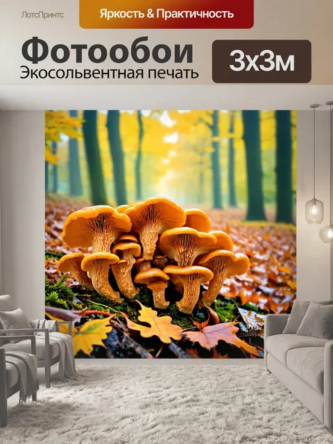 Фотообои грибы лисички, обрамлённые яркими осенними листьями, с легким туманом, создающим волшебную атмосферу