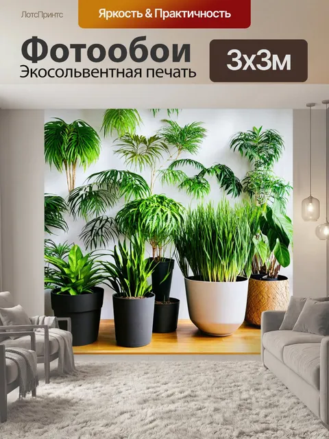 Фотообои с зелеными растениями в горшках, придающими свежесть и естественность интерьеру