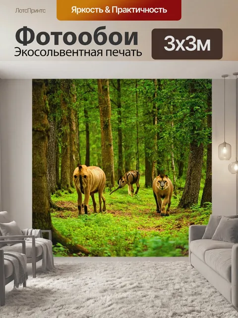 Фотообои лес с дикими животными, мирно бродящими среди деревьев