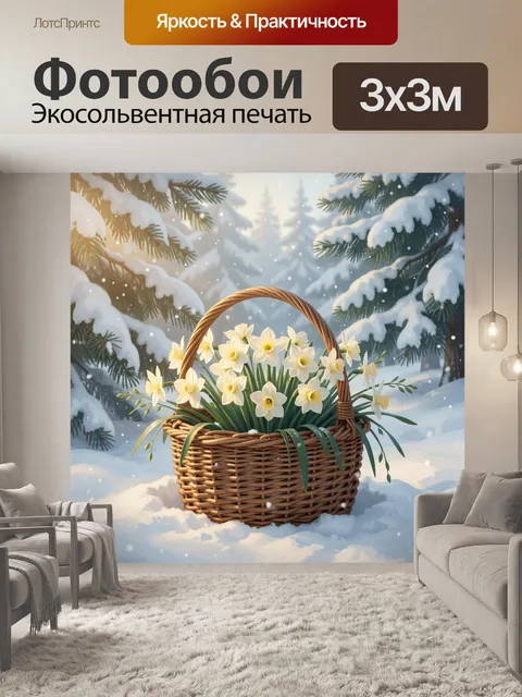 Фотообои Корзина с нарциссами в снегу