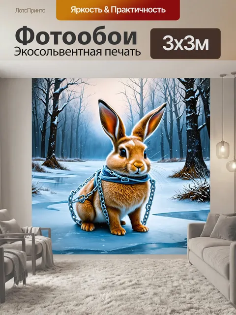 Фотообои на замерзшем озере среди снежной пустоши восседает зловещий кролик, укутанный в ледяные оковы