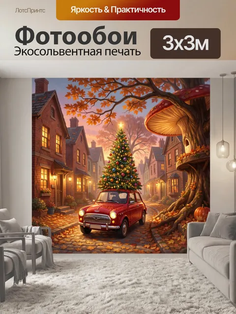 Фотообои Новогодний автомобиль в осеннем квартале