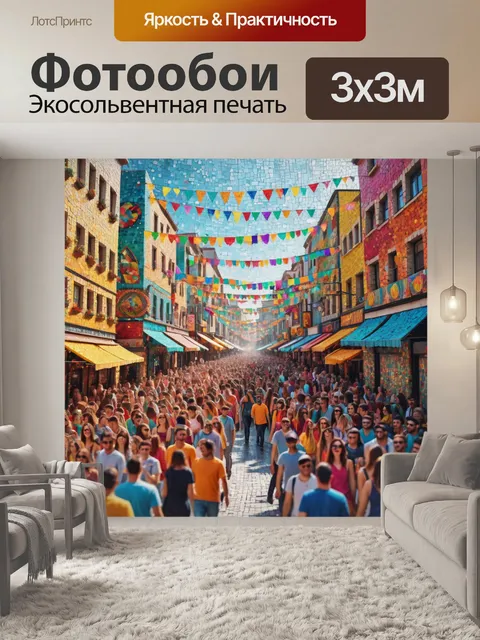 Фотообои город в стиле мозаика с вечеринками и фестивалями на улицах, наполненные яркими красками и радостью