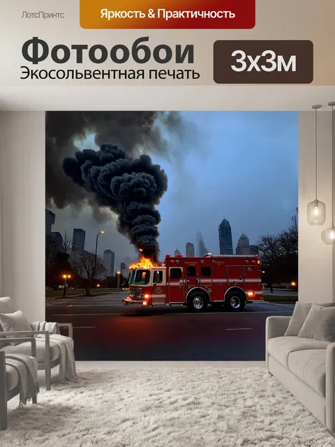 Фотообои в небе над городом поднимается большой черный дым, а пожарная машина мчится к месту происшествия