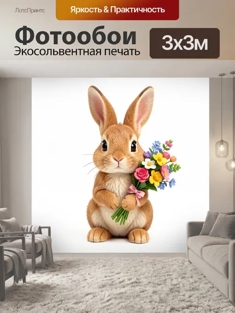 Фотообои Зайчик игрушечный,с букетом цветов,реалистичный стиль, детализированное рисование,яркие цвета