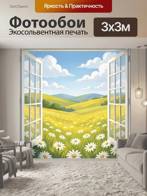 Фотообои Окно в цветущее поле ромашек