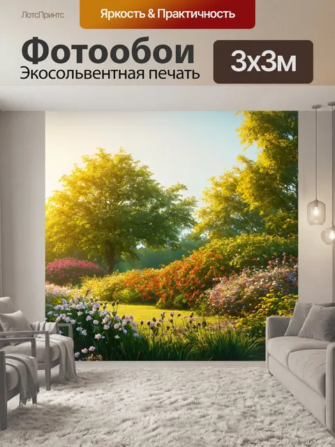 Фотообои пейзаж в стиле тонализм, цветущий сад в мягком свете полуденного солнца