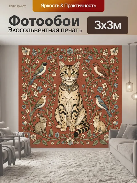 Фотообои Кот с птицами и кроликами