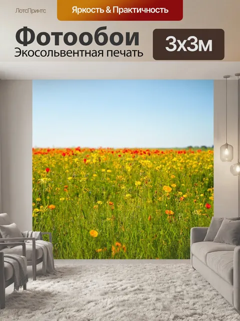 Фотообои поле, где яркие цветы и травы превращаются в неоднозначные формы через формат минимализма, создавая…