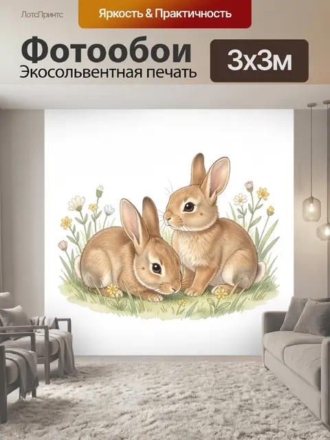 Фотообои Два кролика среди полевых цветов