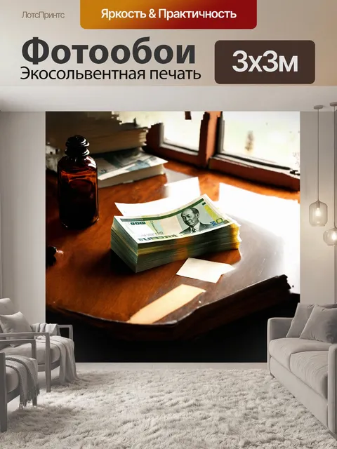 Фотообои пачка новых банкнот, аккуратно сложенных, лежит на старинном деревянном столе