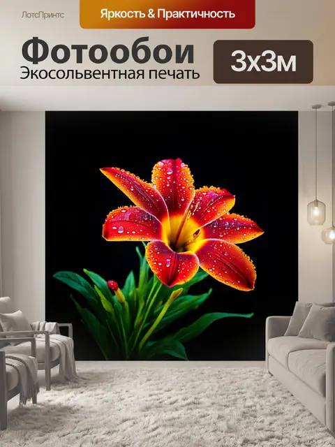 Фотообои темный фон, на котором расцветают экзотические цветы, яркие оттенки красного и желтого создают контраст с…