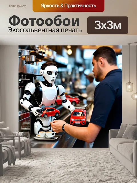 Фотообои прикол: робот-бариста, который подает кофе, но вместо чашек использует игрушечные машинки, клиент удивлён