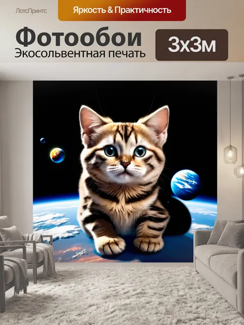 Фотообои котик в космосе с планетами вокруг