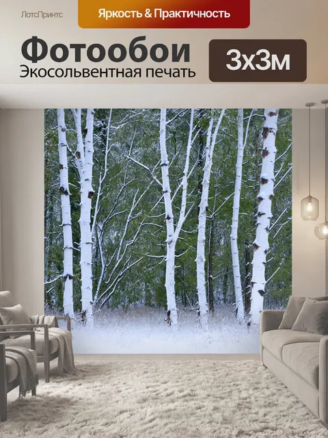 Фотообои белая береза в зимнем лесу, покрытая белым слоем снега, ее белоснежные ветки кажутся волшебными