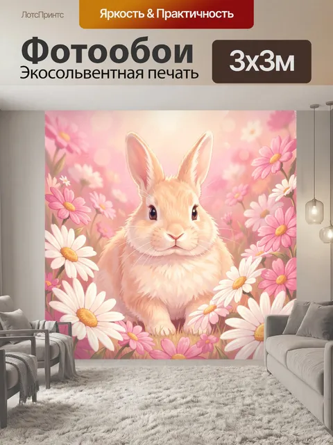 Фотообои Кролик среди розовых ромашек