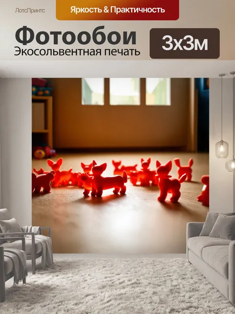 Фотообои хвосты ярко-красных игрушек, разбросанных по полу в детской комнате с теплым освещением
