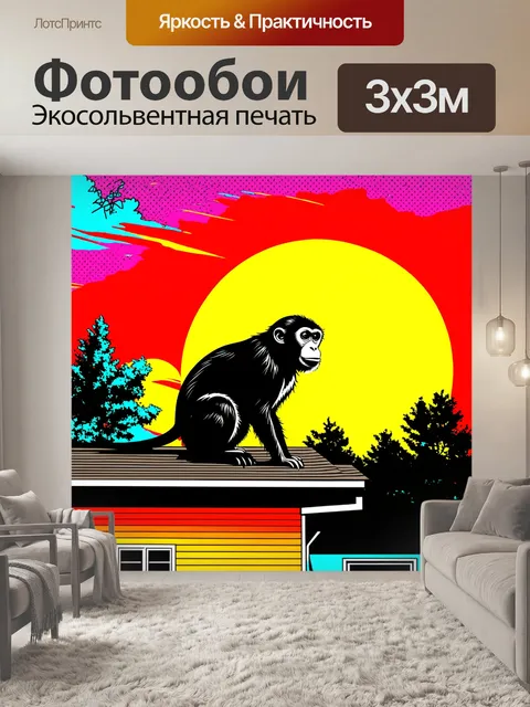 Фотообои в ярком и живописном сельском пейзаже черная обезьяна сидит на крыше дома, наблюдая за закатом