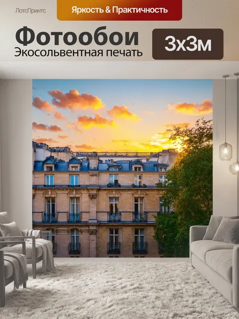 Фотообои на крыше старого здания в париже, окруженном зеленью, с закатным небом в ярких цветах