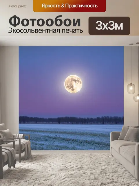 Фотообои тихая зимняя ночь с полнолунием, освещающим заснеженные поля
