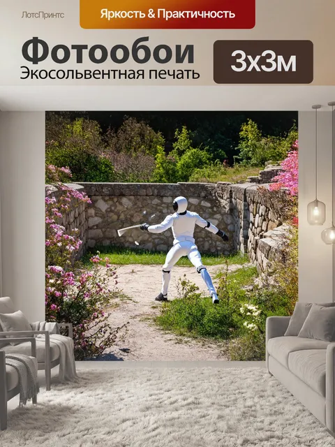 Фотообои фехтовальщик парирует удар в заброшенном амфитеатре, окруженном дикой природой и цветущими растениями
